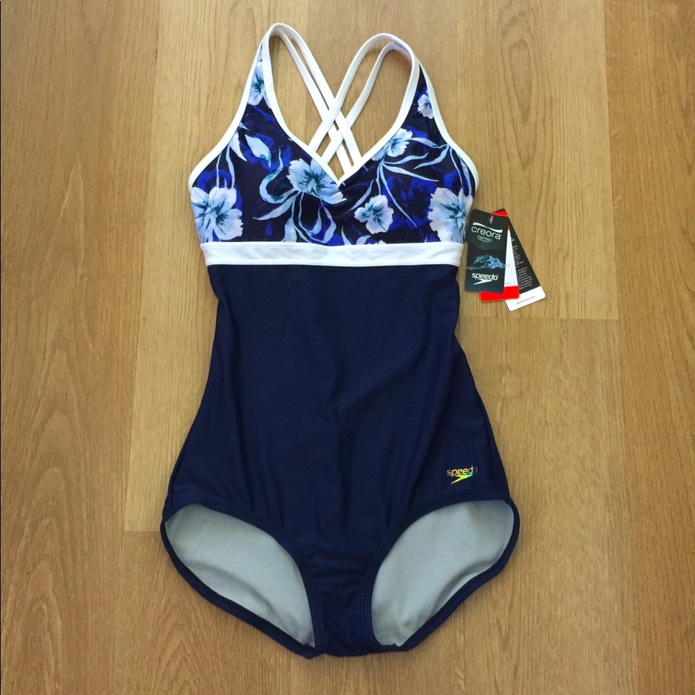 NWT Speedo One-Piece Blue/White Swimsuit, Size 8